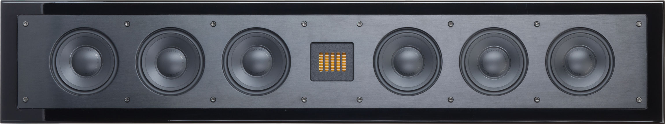 High-end stereo speaker with five drivers and a sleek black finish, designed for optimal sound in home theater setups.