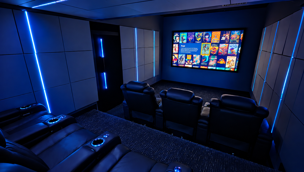Modern Home Theater Design: Blue LED Lighting & Luxury Seating