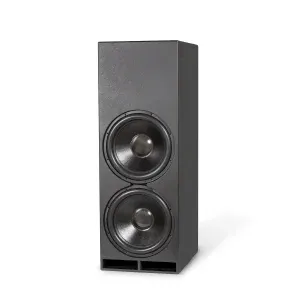 High-performance black speaker cabinet featuring dual woofers, ideal for enhancing home theater sound quality.