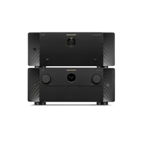 Marantz home theater amplifier with dual units showcasing sleek black design and control dials. Ideal for audio setups.