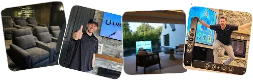 Showcasing Dreamedia’s luxury home theater setups with cozy seating, outdoor viewing, and engaging client interactions.