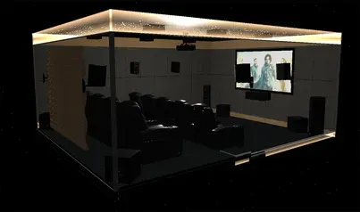 Luxurious home theater design featuring plush seating and a large screen, ideal for immersive movie experiences.