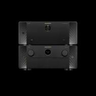 Marantz home theater amplifier with dual units showcasing sleek black design and control dials. Ideal for audio setups.