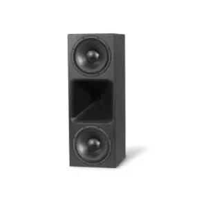 Black tower speaker with dual woofers and a horn driver, designed for high-quality audio performance in home theaters.
