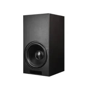 Compact black speaker designed for home audio systems, featuring a large woofer for enhanced sound performance.