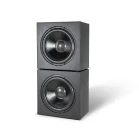 Dual stacked speakers with a sleek design, showcasing high-quality audio components for an immersive sound experience.