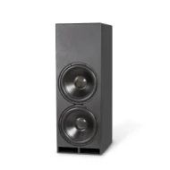 High-performance black speaker cabinet featuring dual woofers, ideal for enhancing home theater sound quality.