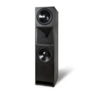 Tall black speaker with dual woofers and a horn driver, designed for optimal sound in home theater setups.