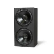Powerful dual-driver speaker in a sleek black cabinet, ideal for enhancing home theater sound quality.
