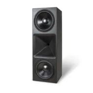 High-performance speaker with dual woofers and a horn design for superior sound quality in home audio setups.