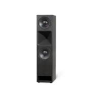 Black floor-standing speaker with dual woofers and a horn design, ideal for home audio systems and theater setups.