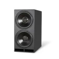 Dual 10-inch subwoofer in a sleek black cabinet, ideal for enhancing sound in home theater systems.