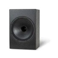 Compact black speaker with a textured finish, designed for high-fidelity sound in home theater setups.