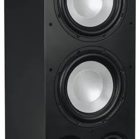 High-quality subwoofer with dual woofers and a sleek black design for powerful home theater sound.