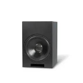 A close-up of a sleek black subwoofer speaker, designed for high-quality sound in home theater setups.