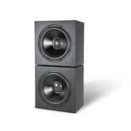 Dual stacked speakers with a sleek design, showcasing high-quality audio components for an immersive sound experience.