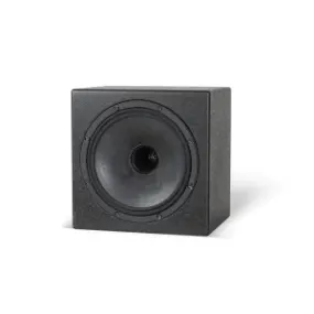A close-up view of a black subwoofer speaker designed for enhanced audio performance in home theaters.