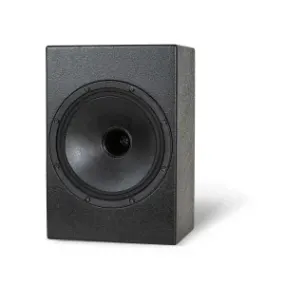 Compact black speaker with a textured finish, designed for high-fidelity sound in home theater setups.
