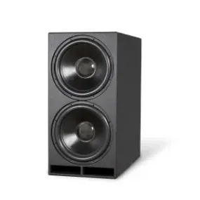 Dual 10-inch subwoofer in a sleek black cabinet, ideal for enhancing sound in home theater systems.