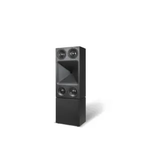 Stylish black speaker tower showcasing a modern design, ideal for enhancing home audio and theater experiences.