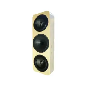 Tall, modern speaker design showcasing three high-performance drivers for immersive audio experiences in home theaters.
