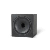 A close-up view of a black subwoofer speaker designed for enhanced audio performance in home theaters.